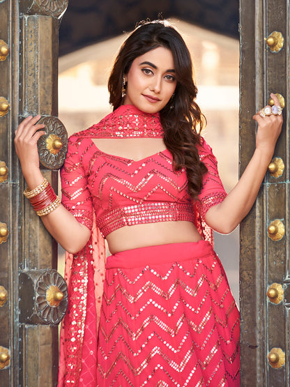 Deep Pink Georgette Sequence Embroidered Lehenga Choli For Women