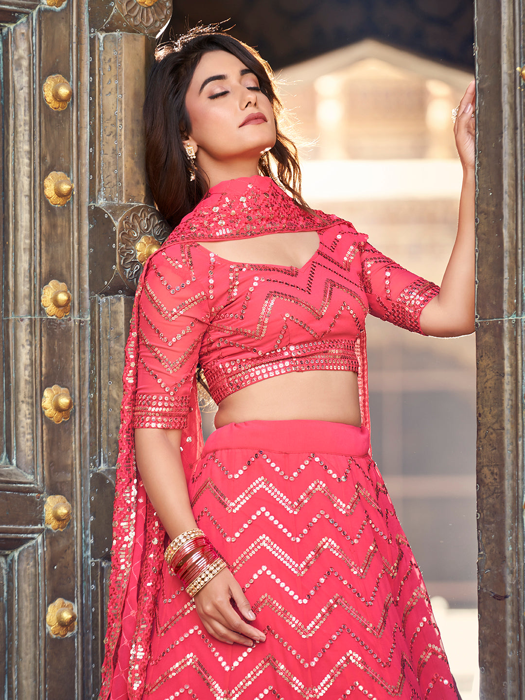 Deep Pink Georgette Sequence Embroidered Lehenga Choli For Women
