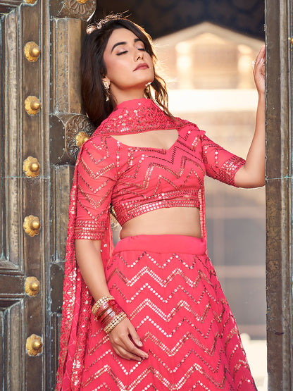 Deep Pink Georgette Sequence Embroidered Lehenga Choli For Women