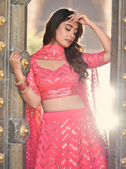 Deep Pink Georgette Sequence Embroidered Lehenga Choli For Women
