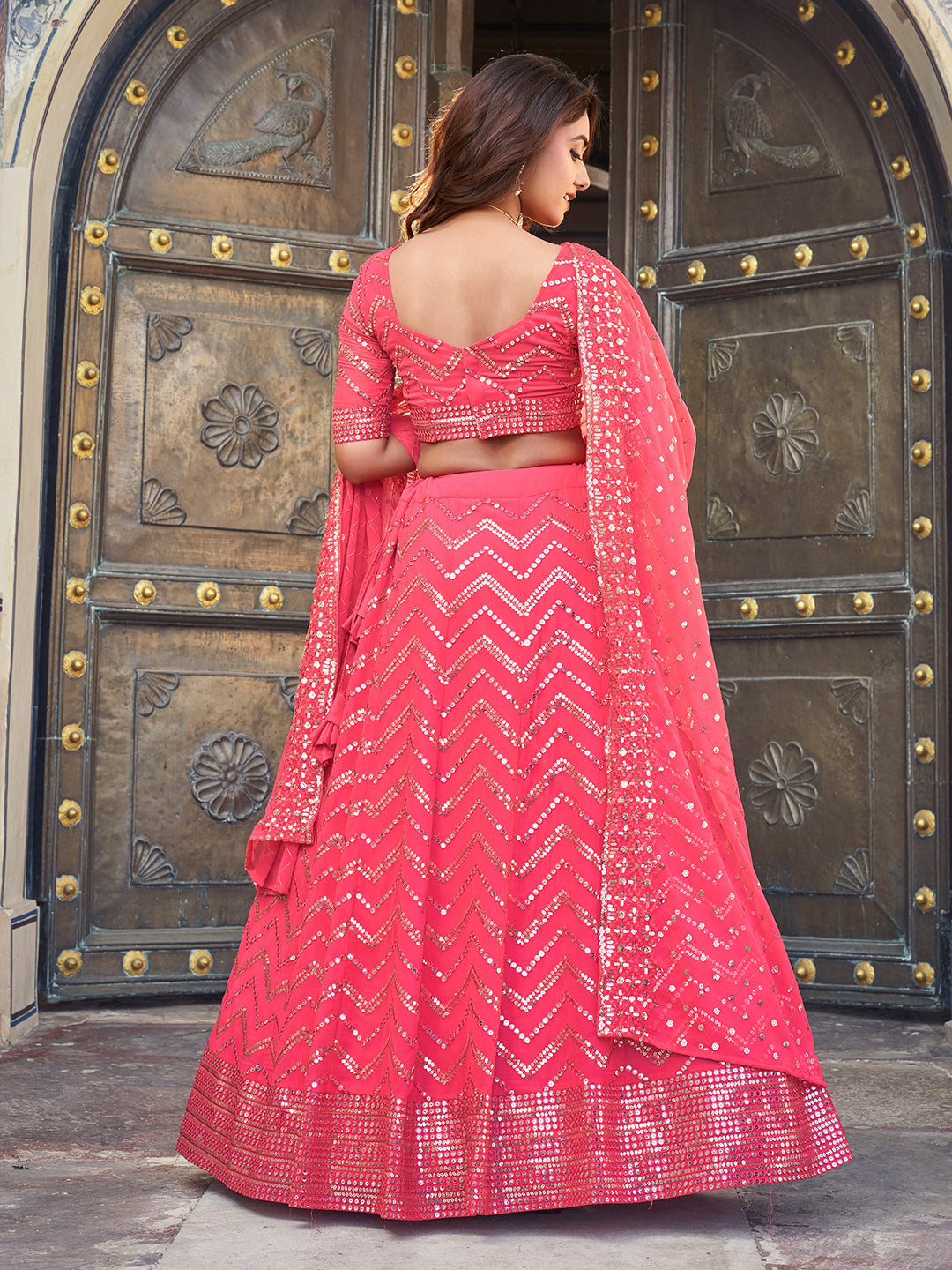 Deep Pink Georgette Sequence Embroidered Lehenga Choli For Women