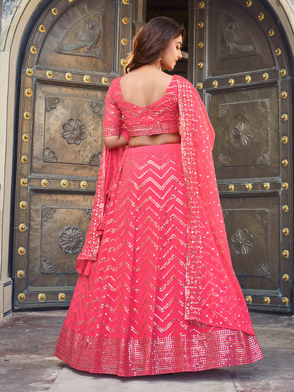Deep Pink Georgette Sequence Embroidered Lehenga Choli For Women