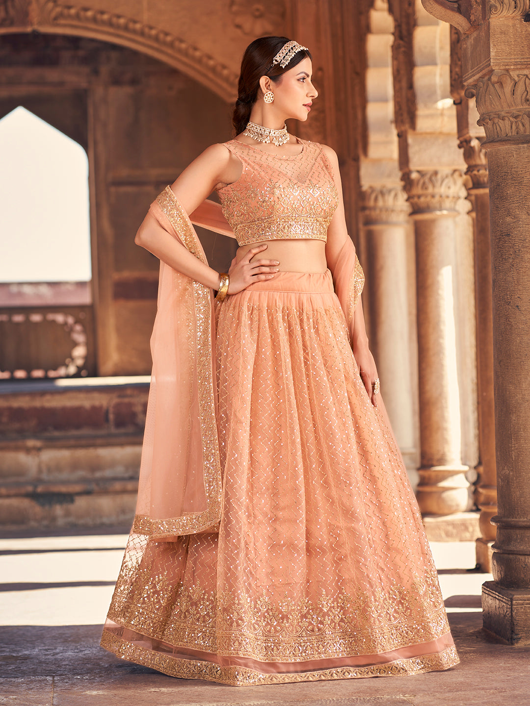 Elegant Peach Net Golden Embroidered Wedding Wear Lehenga Choli Set For Women