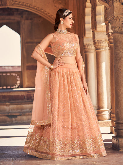 Elegant Peach Net Golden Embroidered Wedding Wear Lehenga Choli Set For Women