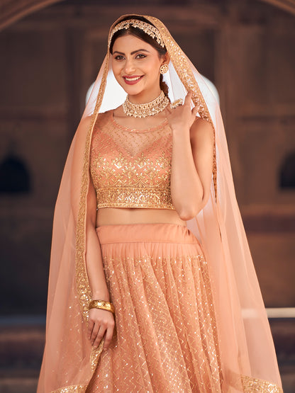 Buy Elegant Peach Net Golden Embroidered Wedding Wear Lehenga