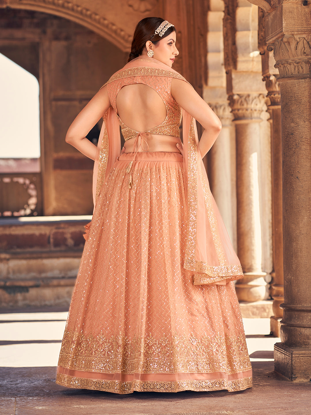 Elegant Peach Net Golden Embroidered Wedding Wear Lehenga Choli Set For Women