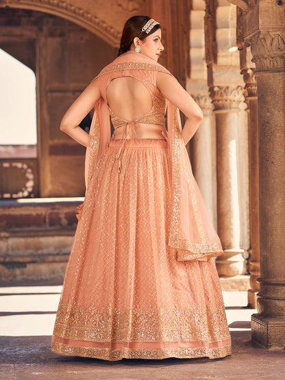 Elegant Peach Net Golden Embroidered Wedding Wear Lehenga Choli Set For Women