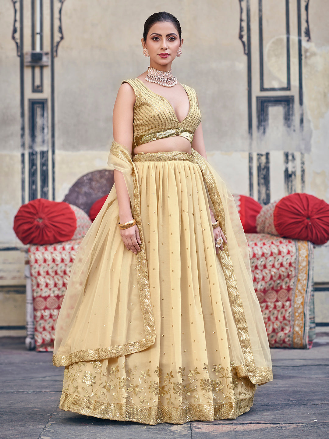 Impressive Yellow Beige Sequence Embroidered Georgette Designer Lehenga choli Set For Women