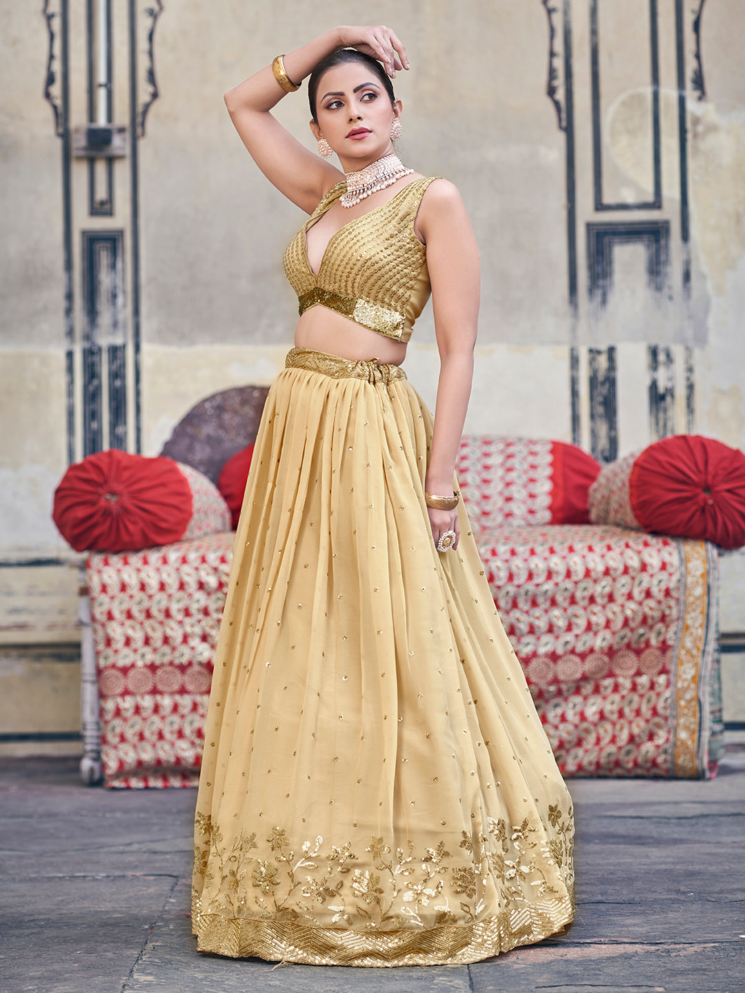 Impressive Yellow Beige Sequence Embroidered Georgette Designer Lehenga choli Set For Women