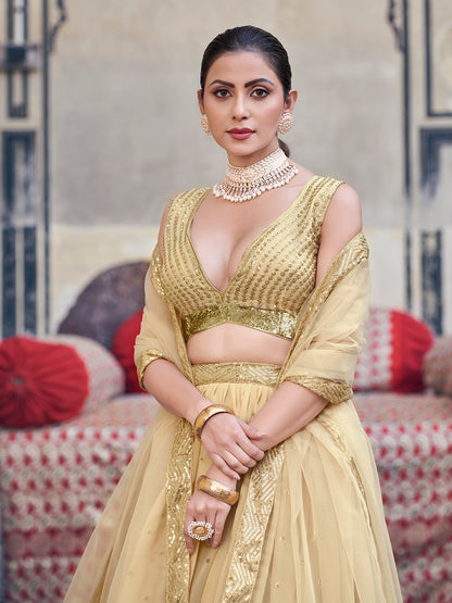 Impressive Yellow Beige Sequence Embroidered Georgette Designer Lehenga choli Set For Women