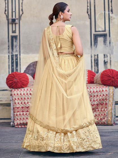 Impressive Yellow Beige Sequence Embroidered Georgette Designer Lehenga choli Set For Women