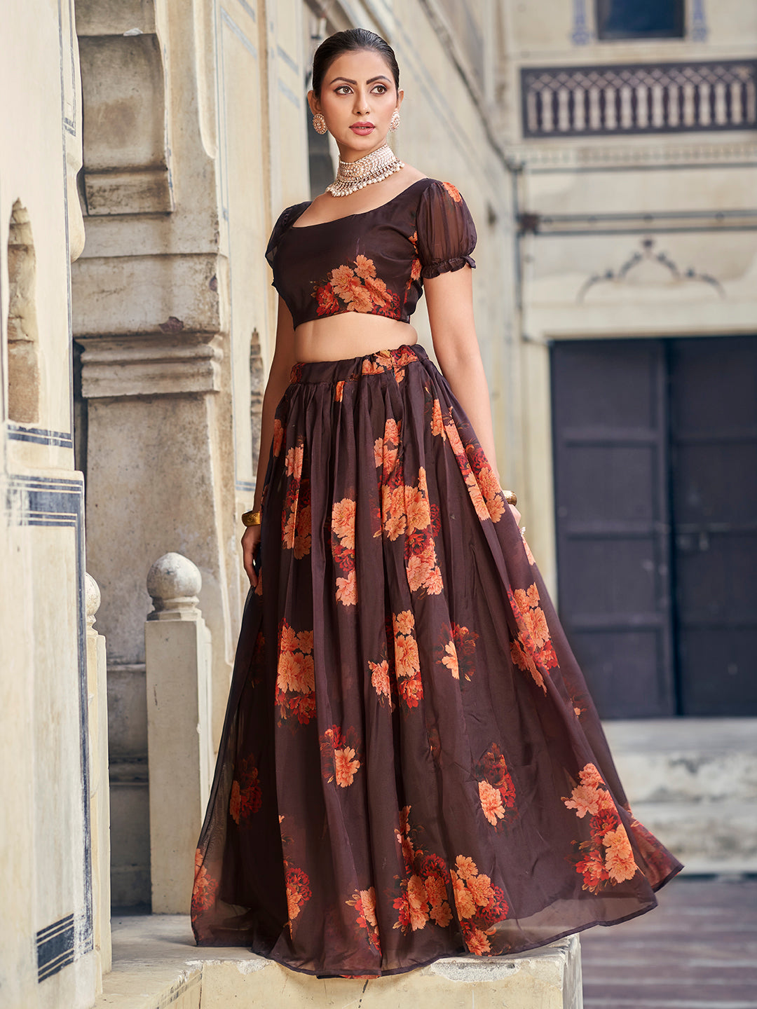 Delightful Brown Floral Printed Organza Semi Stitched lehenga Choli Set For Women