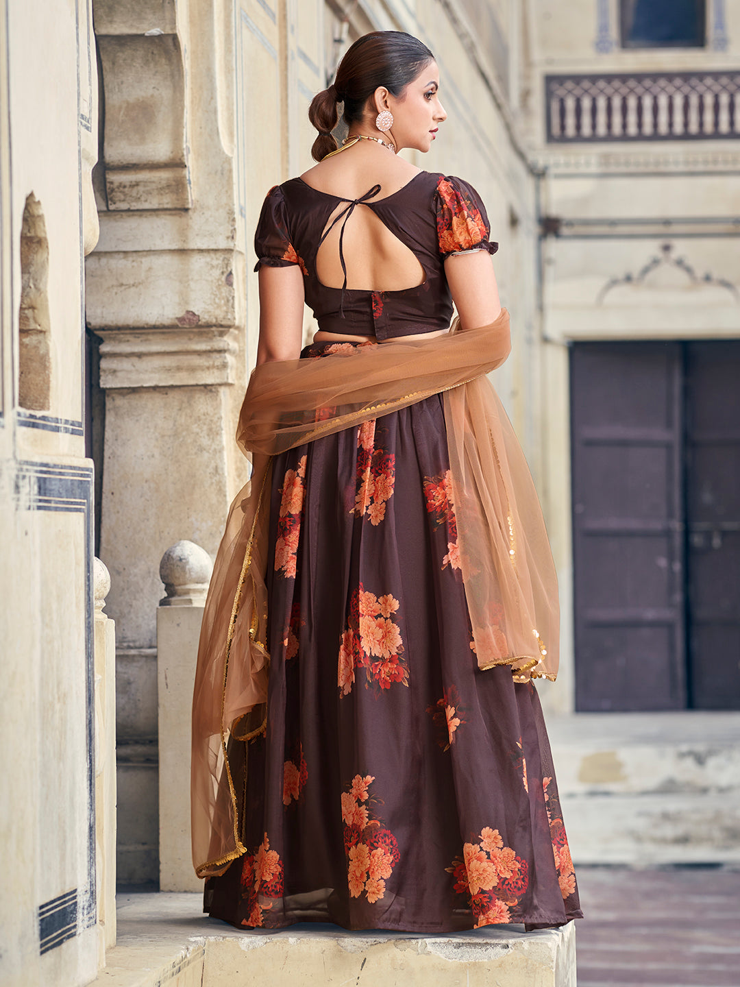 Delightful Brown Floral Printed Organza Semi Stitched lehenga Choli Set For Women