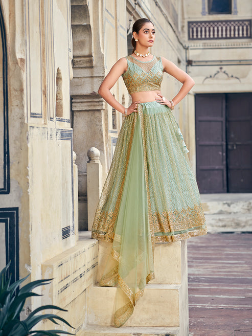 Charming Sea Green Soft Net Golden Embroidered Designer Eid Special Lehenga Choli Set For Women