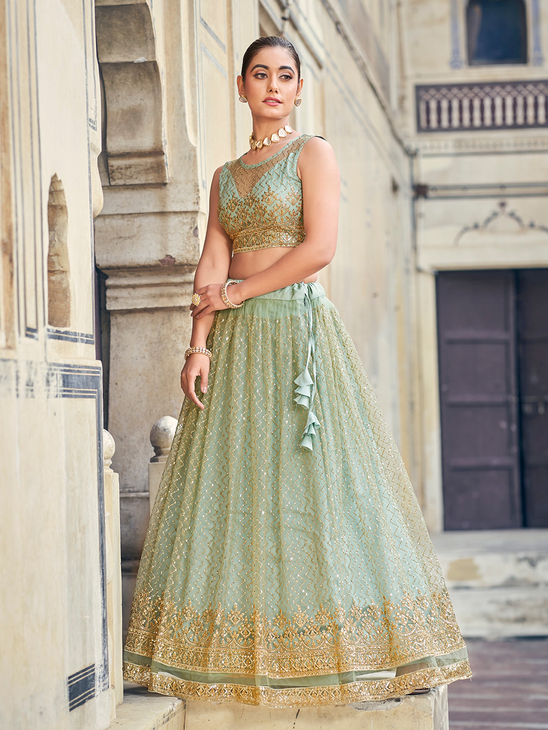 Charming Sea Green Soft Net Golden Embroidered Designer Eid Special Lehenga Choli Set For Women