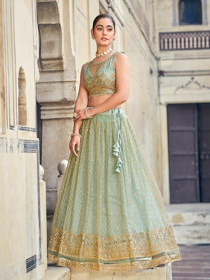 Charming Sea Green Soft Net Golden Embroidered Designer Eid Special Lehenga Choli Set For Women