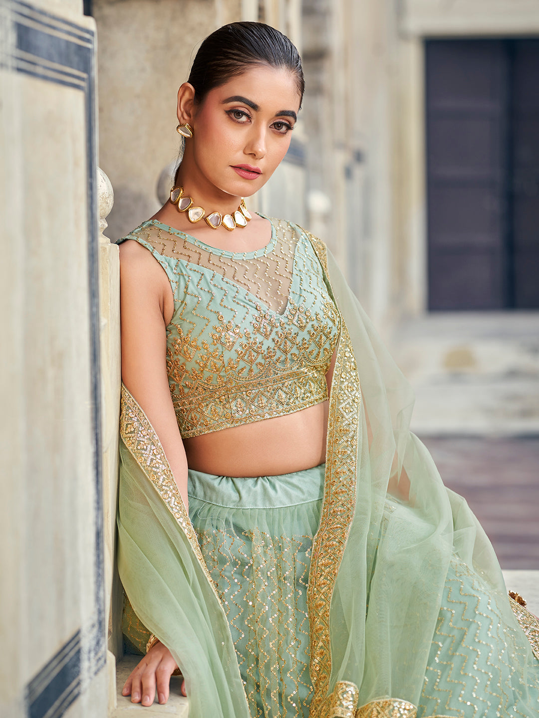 Golden Tissue Sea Green Sequins Reception Lehenga Choli