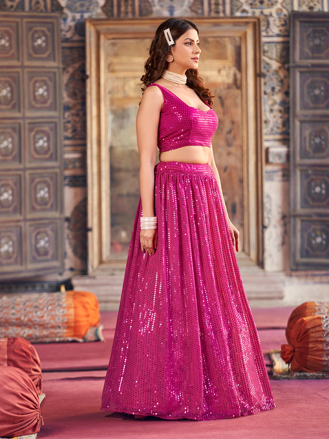 Rani Pink Georgette Sequence Embroidered Party Wear Lehenga Choli
