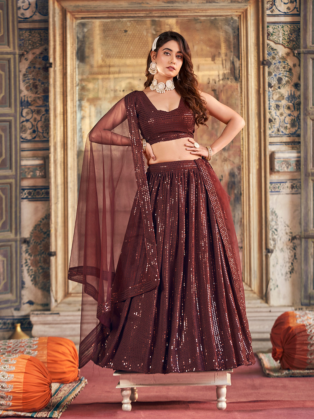 Brown Sequence Embroidered Georgette Party Wear Lehenga Choli