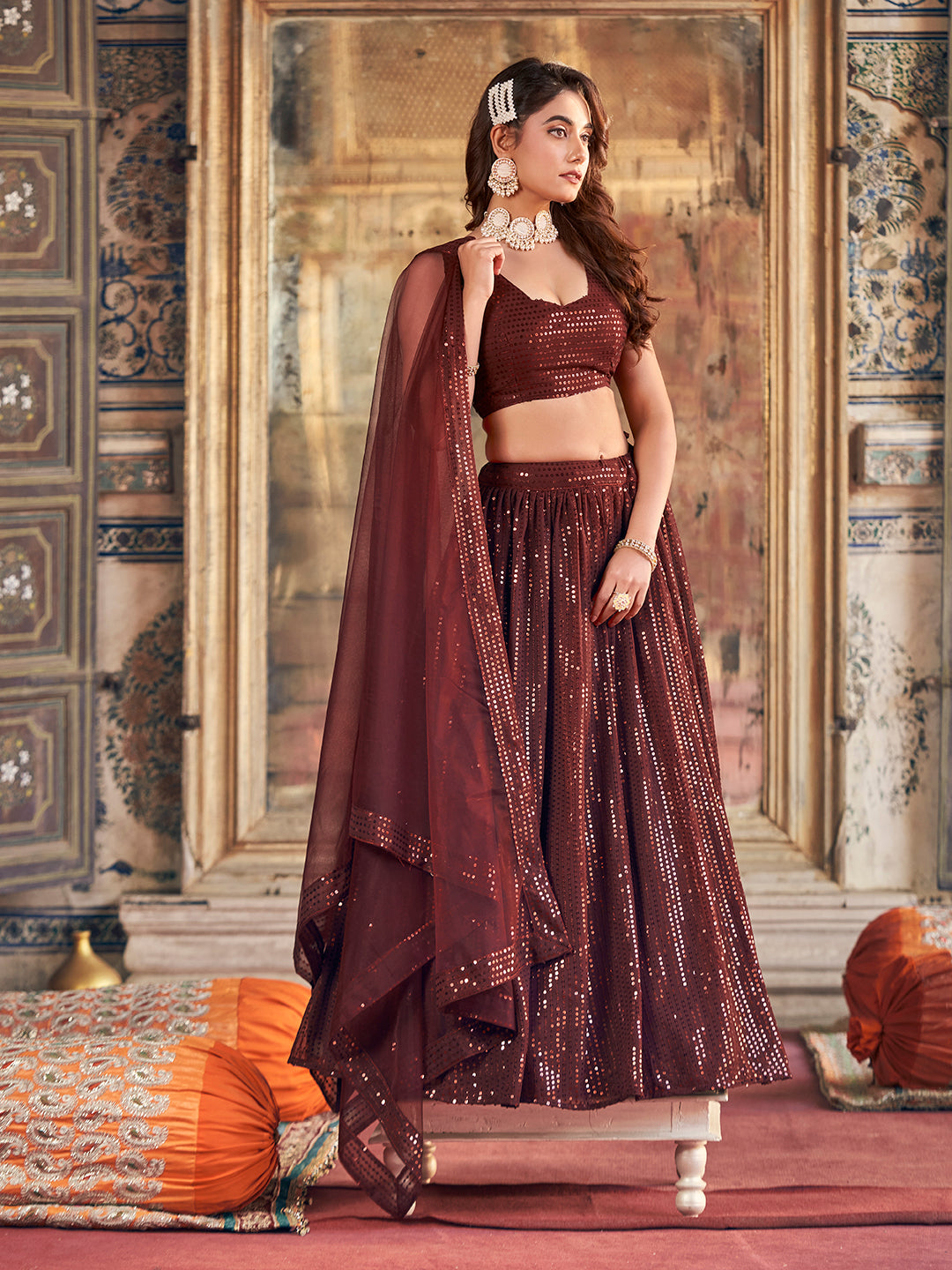 Brown Sequence Embroidered Georgette Party Wear Lehenga Choli