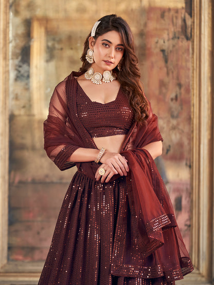 Brown Sequence Embroidered Georgette Party Wear Lehenga Choli
