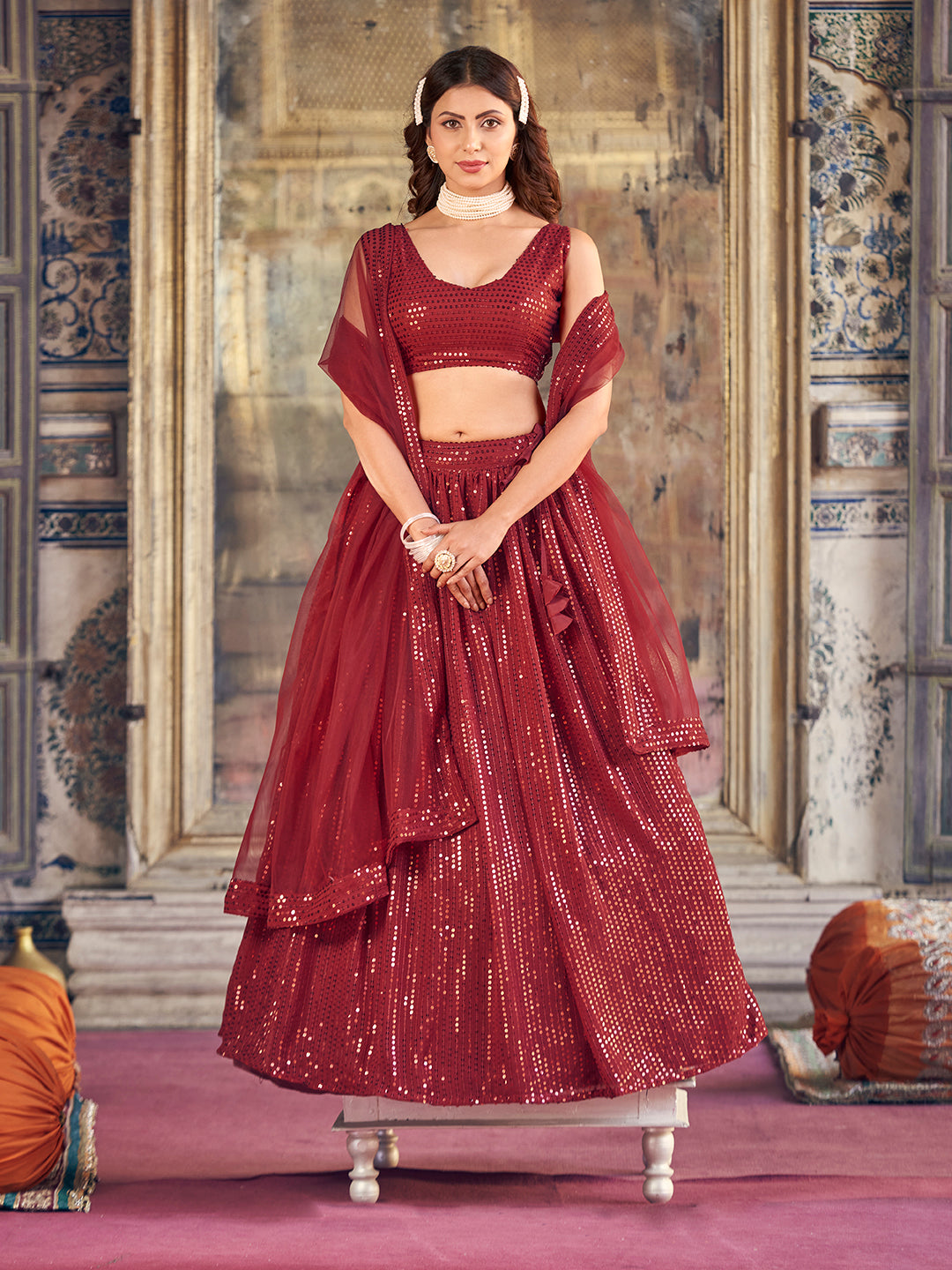 Incredible Maroon Georgette Sequence Embroidered Designer Eid Special Lehenga Choli For Women