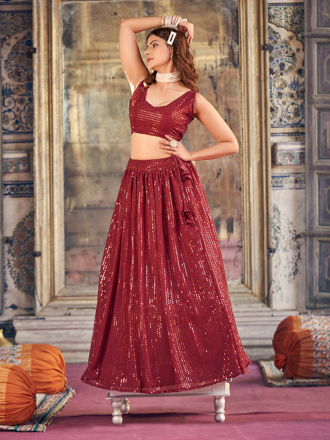 Incredible Maroon Georgette Sequence Embroidered Designer Eid Special Lehenga Choli For Women