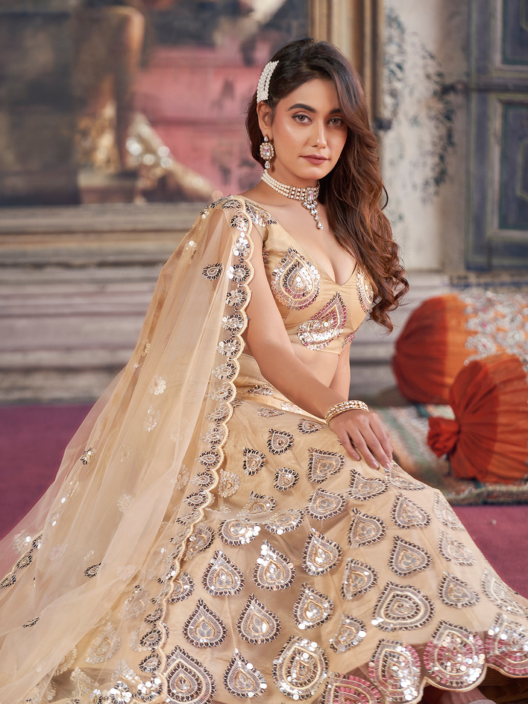 Unique Gold Toned Soft Net Thread Embroidered Designer Lehenga Choli Set For women