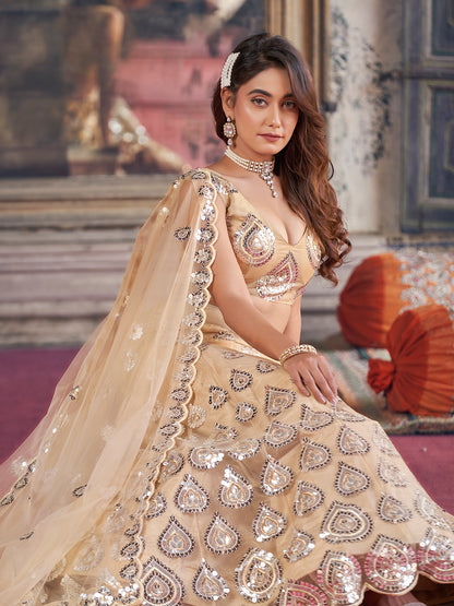 Unique Gold Toned Soft Net Thread Embroidered Designer Lehenga Choli Set For women