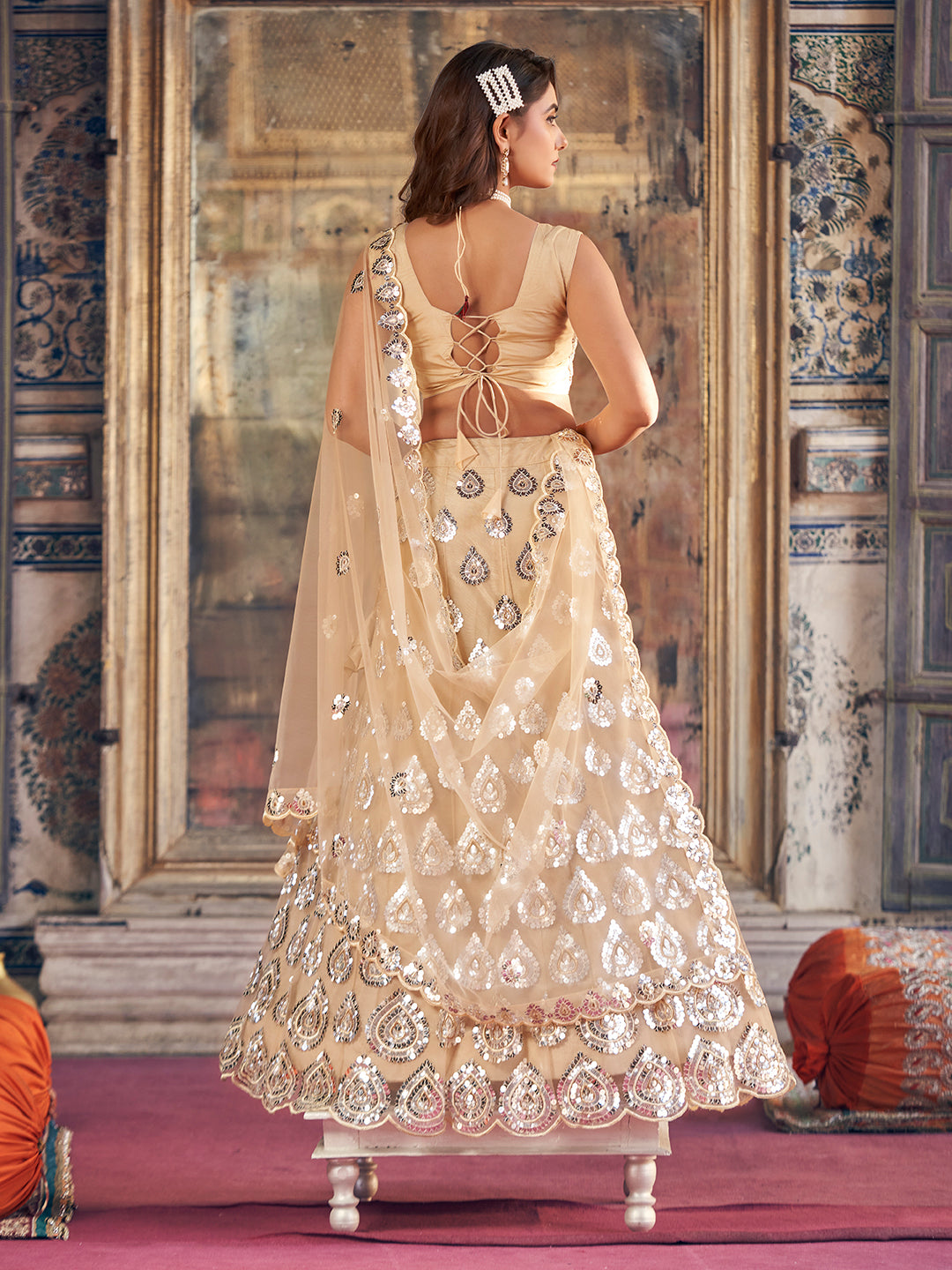 Unique Gold Toned Soft Net Thread Embroidered Designer Lehenga Choli Set For women