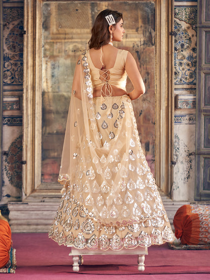 Unique Gold Toned Soft Net Thread Embroidered Designer Lehenga Choli Set For women