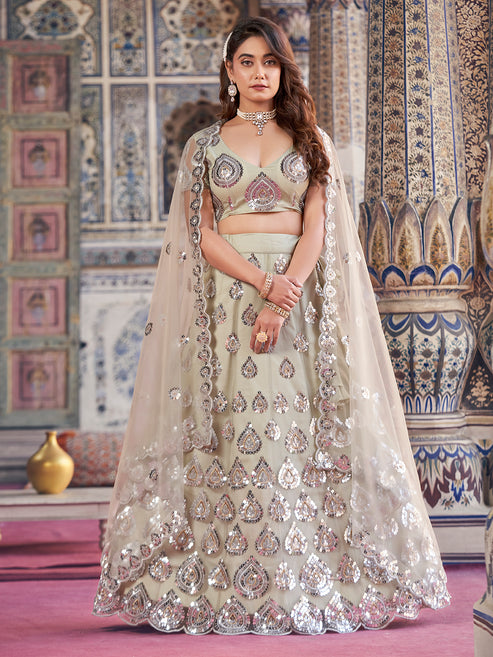 Fabulous Sea Green Color Thread Embroidered Soft Net Designer Lehenga Choli Set