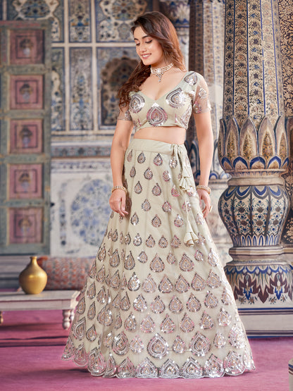 Fabulous Sea Green Color Thread Embroidered Soft Net Designer Lehenga Choli Set