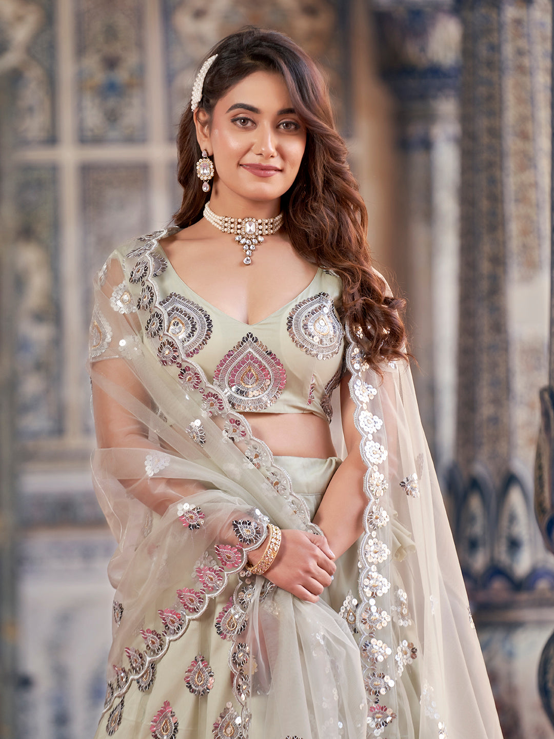 Fabulous Sea Green Color Thread Embroidered Soft Net Designer Lehenga Choli Set