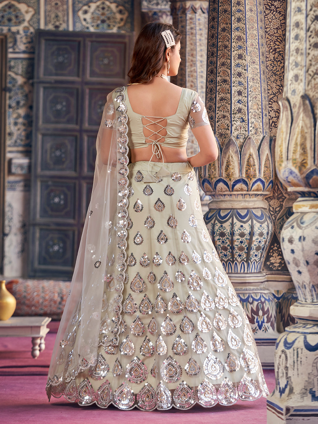 Fabulous Sea Green Color Thread Embroidered Soft Net Designer Lehenga Choli Set