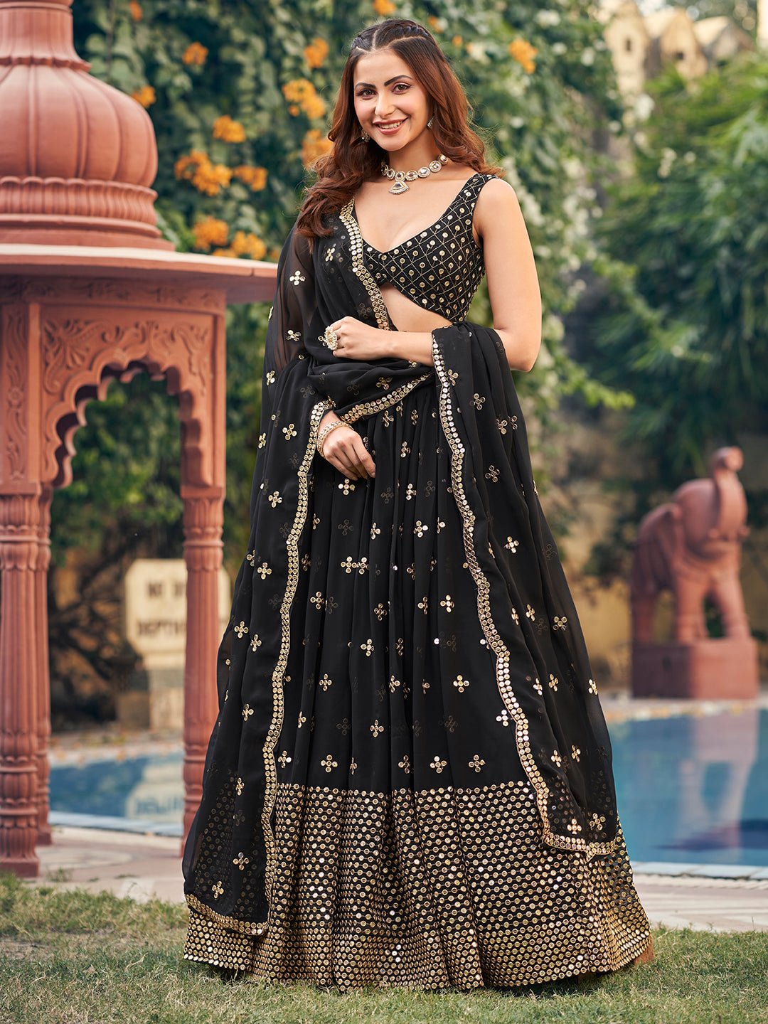 Delightful Black Color Zari Embroidered Georgette Designer Eid Special lehenga Choli Set