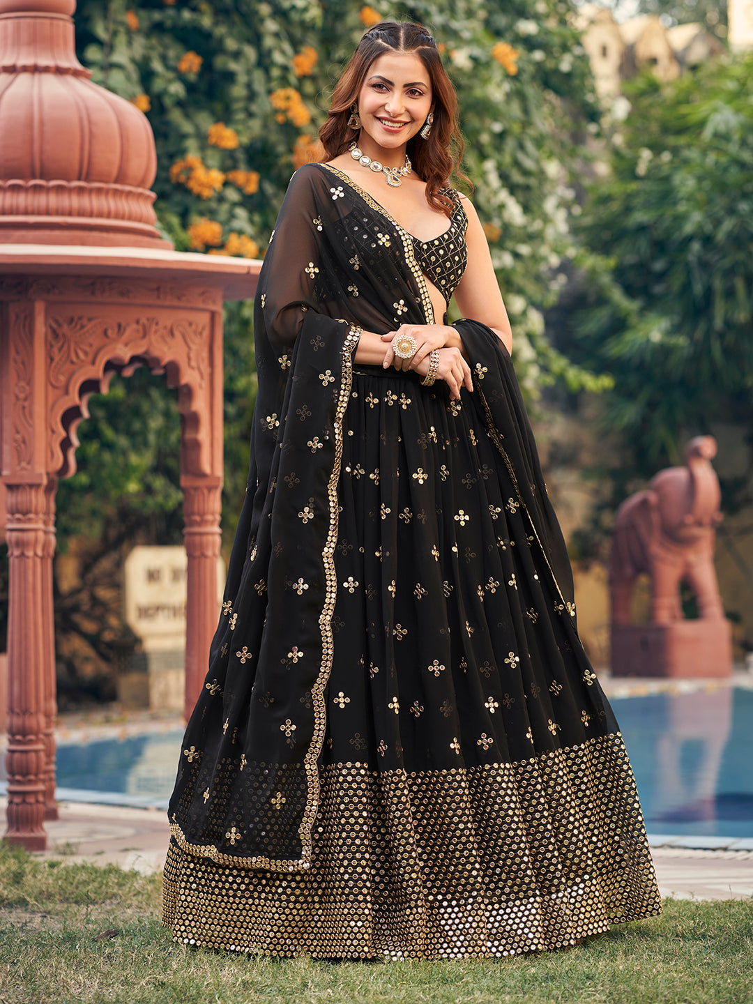 Delightful Black Color Zari Embroidered Georgette Designer Eid Special lehenga Choli Set