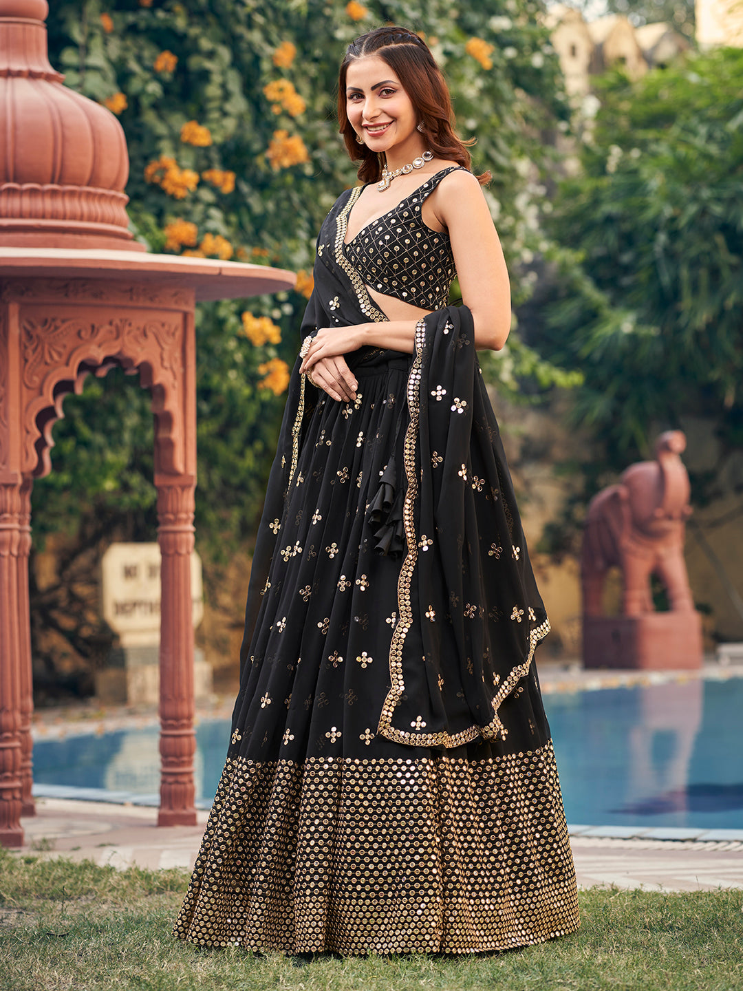 Delightful Black Color Zari Embroidered Georgette Designer Eid Special lehenga Choli Set