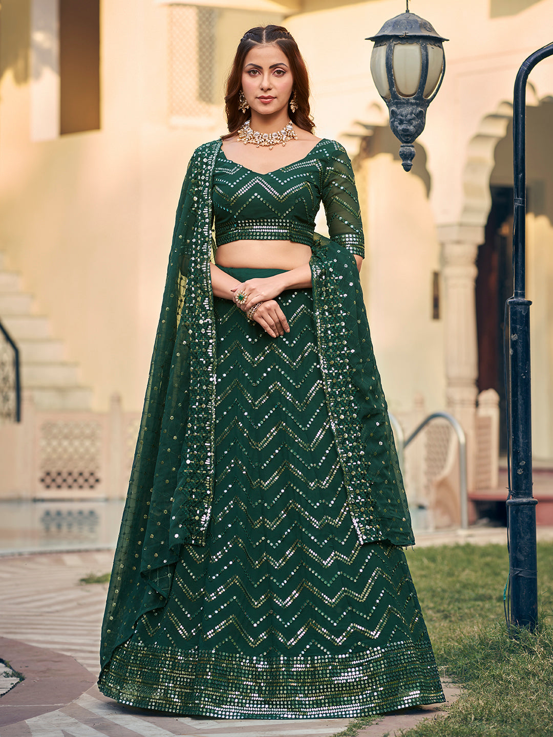 Gorgeous Green Georgette Sequence Thread Embroidered Designer Eid Special Lehenga Choli Set