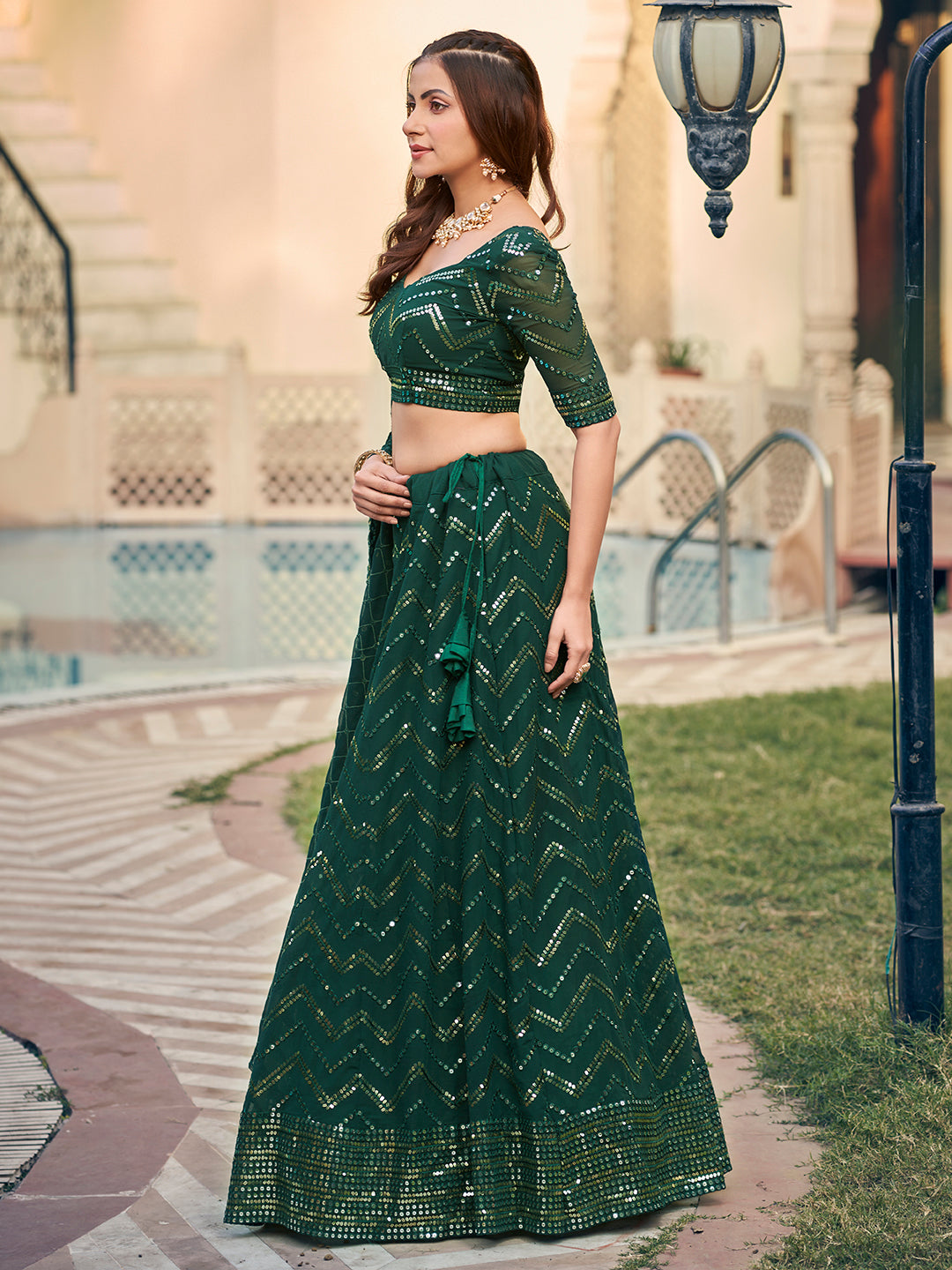 Gorgeous Green Georgette Sequence Thread Embroidered Designer Eid Special Lehenga Choli Set