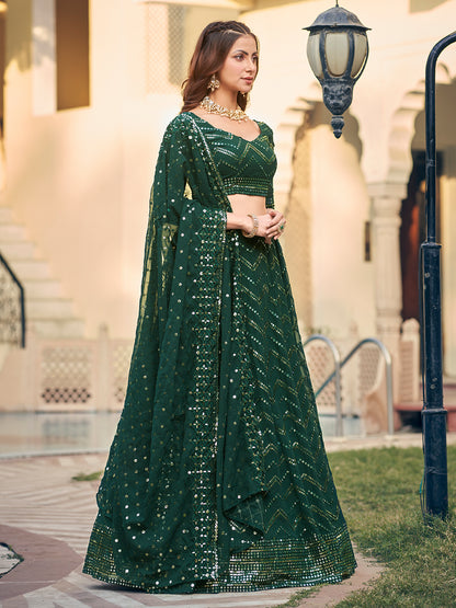 Gorgeous Green Georgette Sequence Thread Embroidered Designer Eid Special Lehenga Choli Set