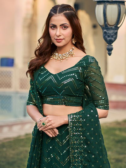 Gorgeous Green Georgette Sequence Thread Embroidered Designer Eid Special Lehenga Choli Set