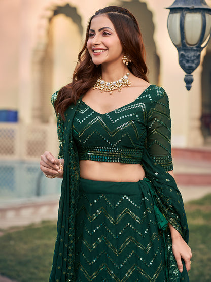 Gorgeous Green Georgette Sequence Thread Embroidered Designer Eid Special Lehenga Choli Set