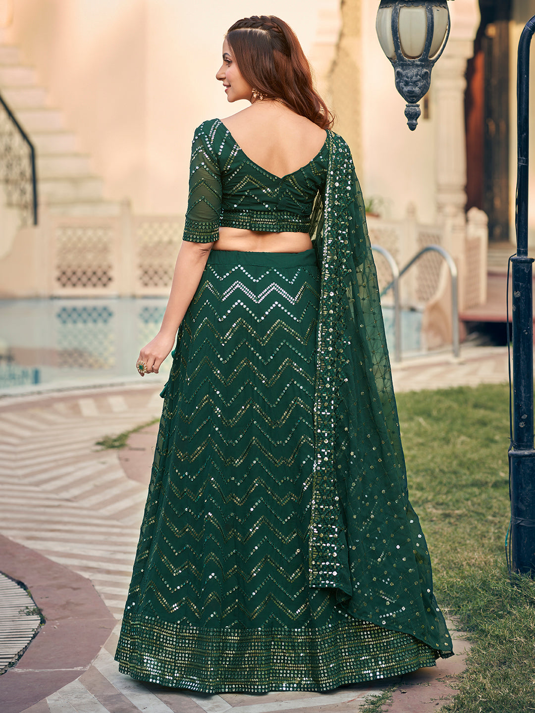 Gorgeous Green Georgette Sequence Thread Embroidered Designer Eid Special Lehenga Choli Set
