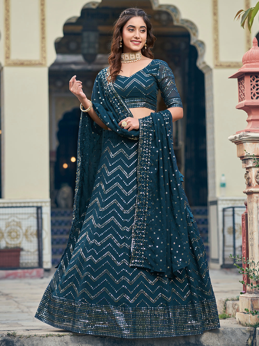 Unique Teal Georgette Sequence Embroidered Designer Eid Special Lehenga Choli Set For Women