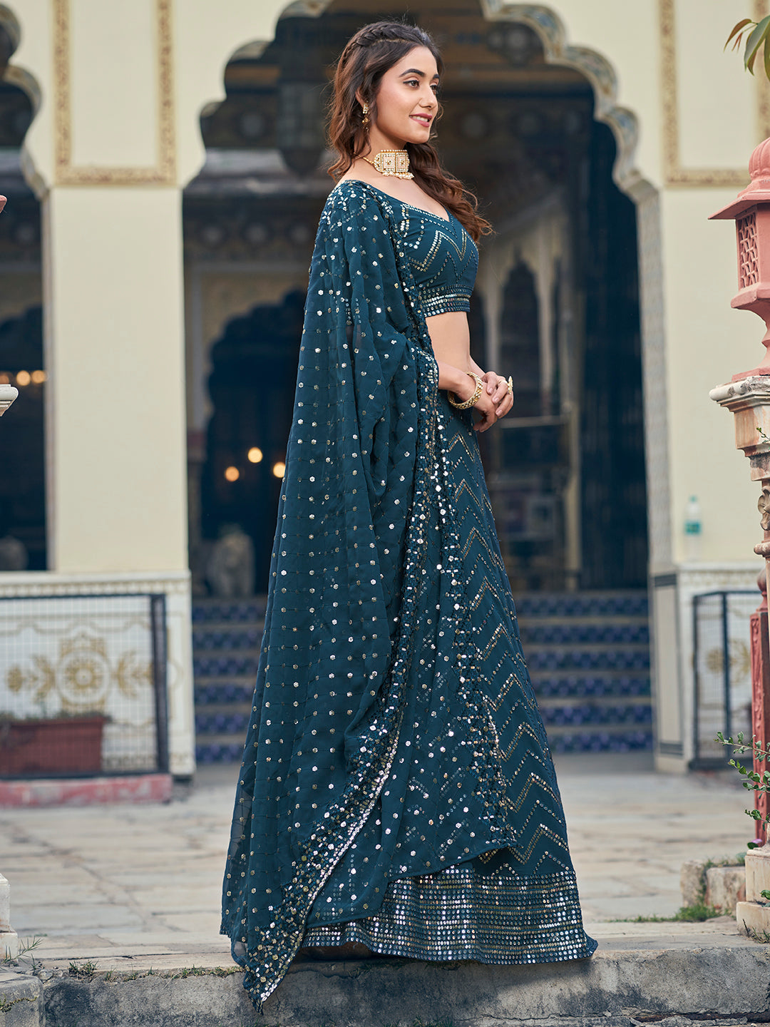 Unique Teal Georgette Sequence Embroidered Designer Eid Special Lehenga Choli Set For Women