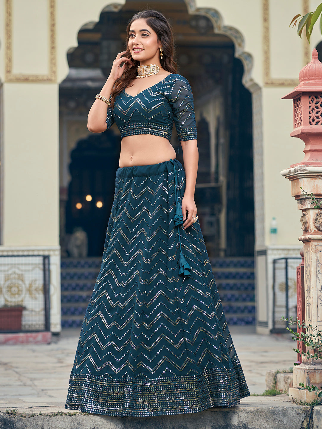 Unique Teal Georgette Sequence Embroidered Designer Eid Special Lehenga Choli Set For Women