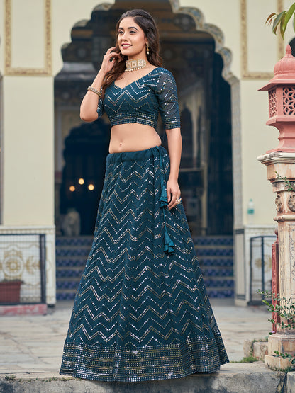 Unique Teal Georgette Sequence Embroidered Designer Eid Special Lehenga Choli Set For Women