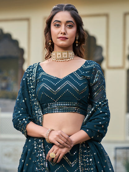 Unique Teal Georgette Sequence Embroidered Designer Eid Special Lehenga Choli Set For Women