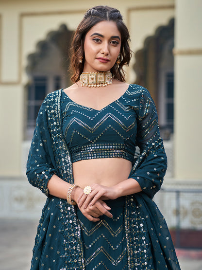 Unique Teal Georgette Sequence Embroidered Designer Eid Special Lehenga Choli Set For Women